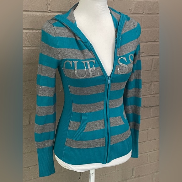 GUESS striped zip front sweater hoodie XS - Picture 2 of 15